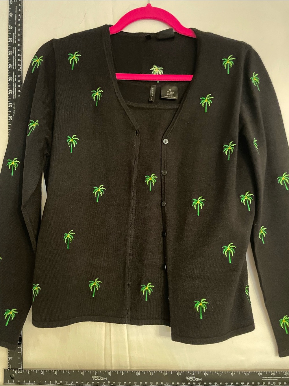 Black Palm-Embroidered V-Neck Cardigan